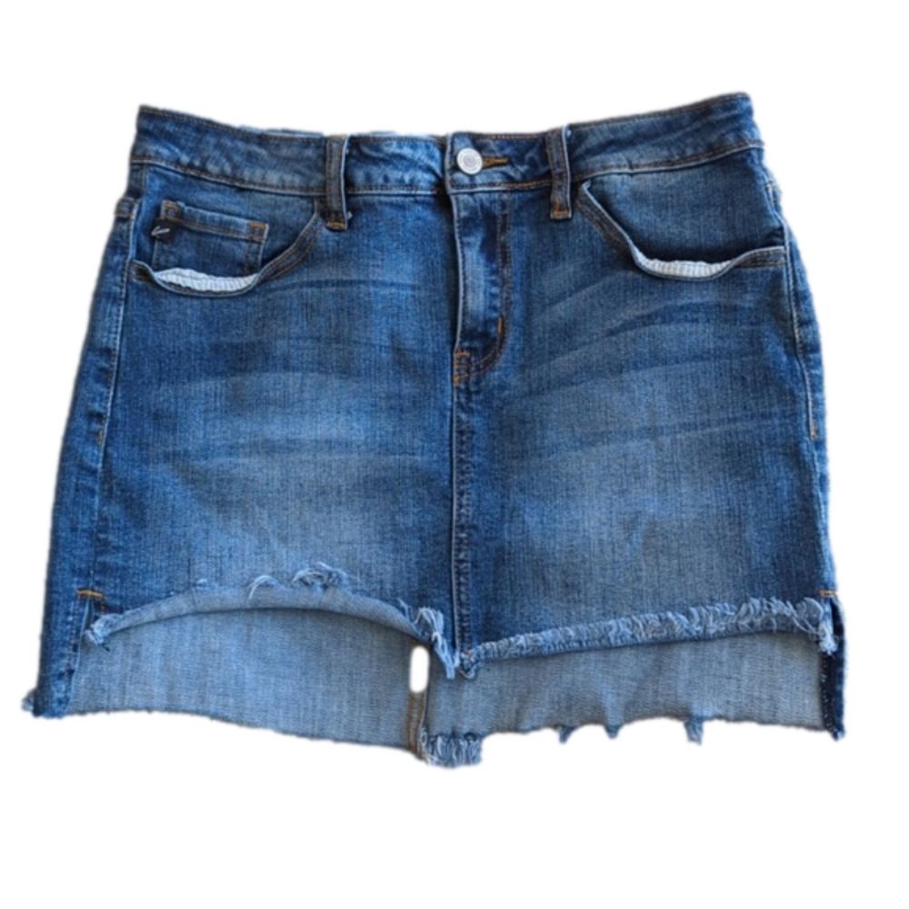 KanCan Hi low Raw Hem Mini Blue Jean Skirt Size M Waist 29 Inches